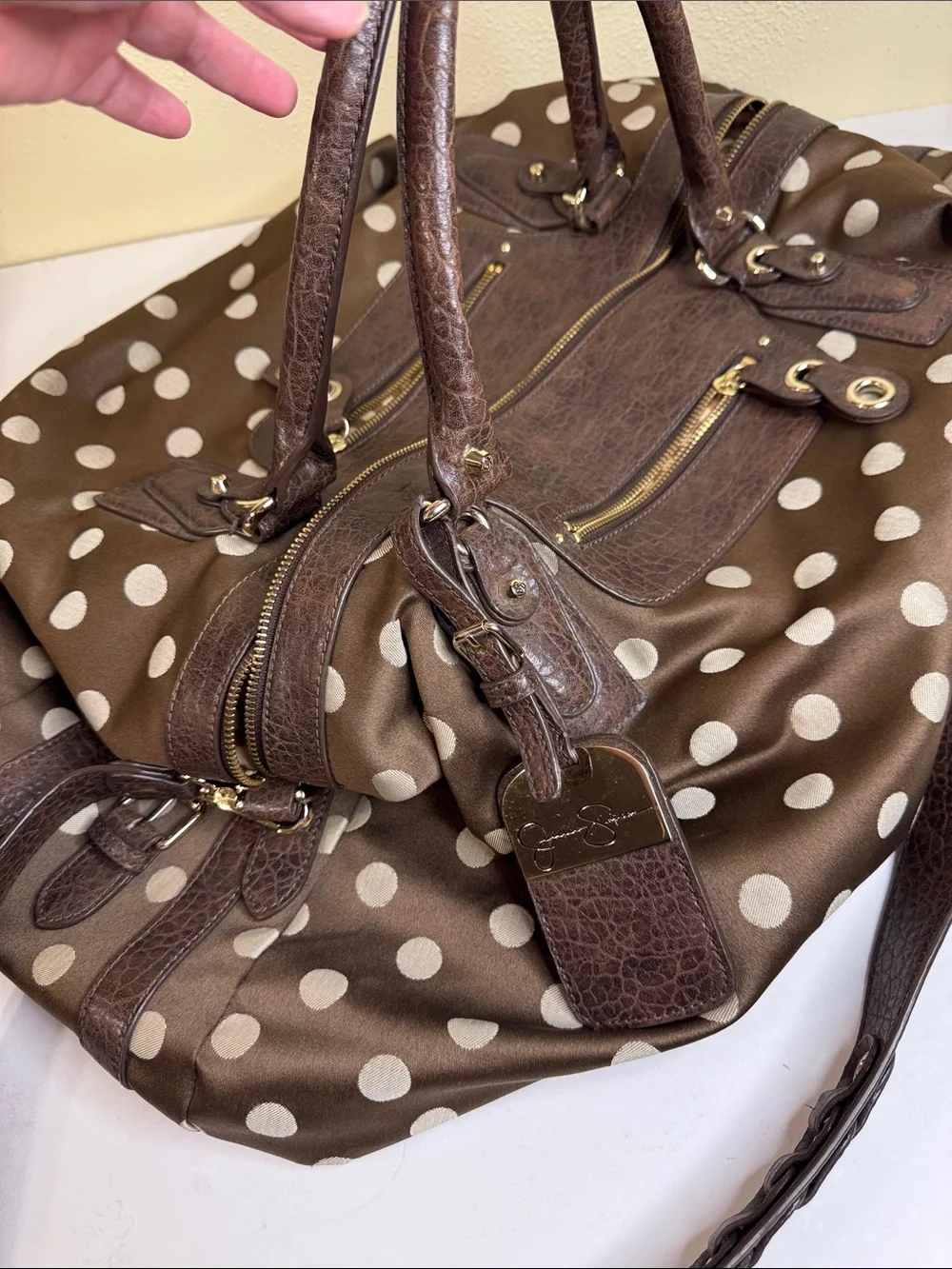 Jessica Simpson Brown and Cream Polka Dot Shoulder Satchel